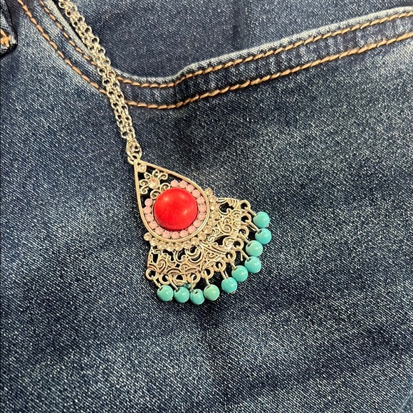 Teal and Red Moon Howlite Aztec Pendant with Rhinestones Necklace 22in - Picture 3 of 7